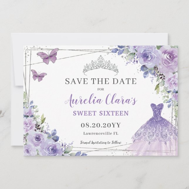 Purple Lilac Floral Quinceanera Sweet Sixteen Save The Date (Front)