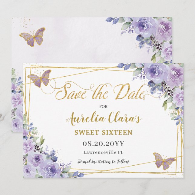 Purple Lilac Floral Quinceañera Sweet Sixteen Save The Date (Front/Back)