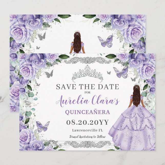Purple Lilac Floral Quinceanera XV Sweet Sixteen  Save The Date (Front/Back)