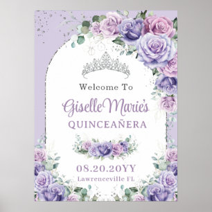 Purple Lilac Floral Rose QUINCEAÑERA Silver Arch Poster