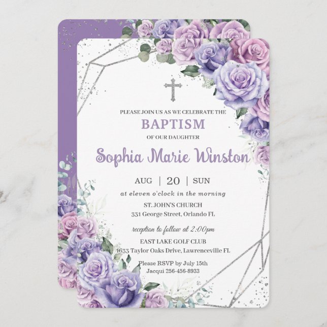 Purple Lilac Floral Silver Baptism Christening  Invitation (Front/Back)