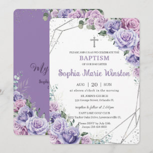 Purple Lilac Floral Silver Baptism Christening  Invitation