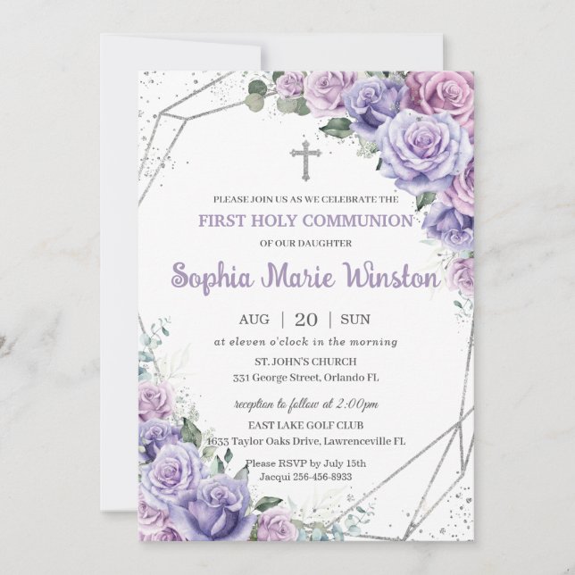Purple Lilac Floral Silver First Holy Communion  Invitation (Front)