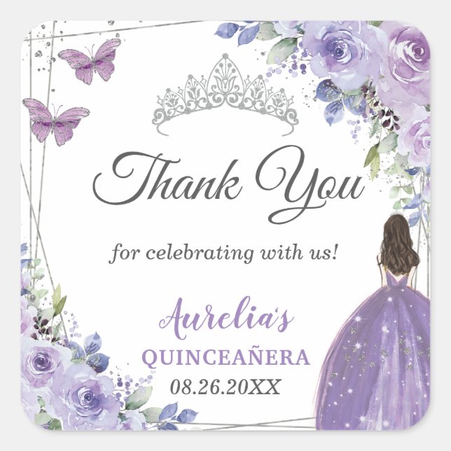 Purple Lilac Floral Silver Princess Quinceañera Square Sticker (Front)