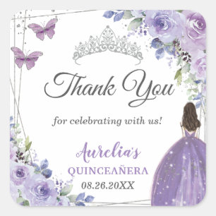 Purple Lilac Floral Silver Princess Quinceañera Square Sticker