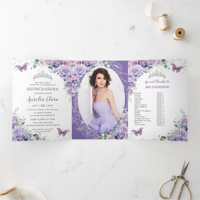 Purple Lilac Floral Silver Quinceañera 15 Photos Tri-Fold Invitation (Inside)