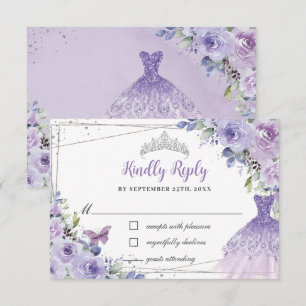 Purple Lilac Floral Silver Quinceañera Dress Gown RSVP Card