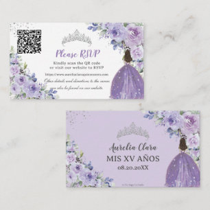 Purple Lilac Floral Silver Quinceañera QR Code Enclosure Card