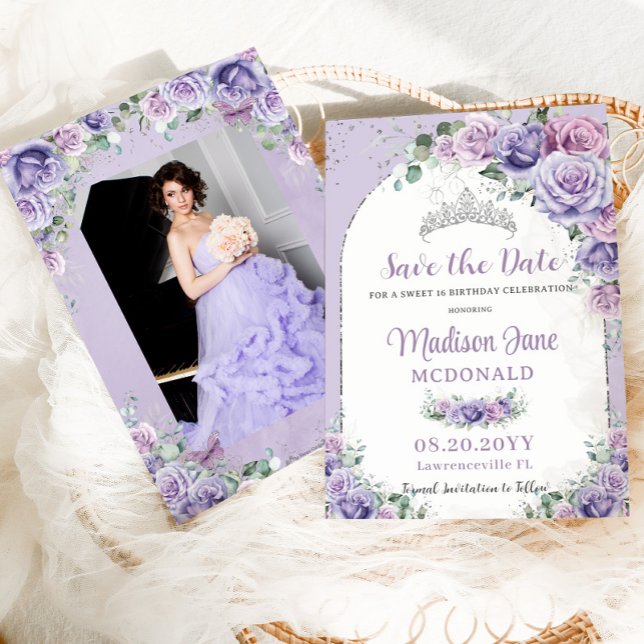 Purple Lilac Floral Sweet 16 Silver Birthday Photo Save The Date (Creator Uploaded)