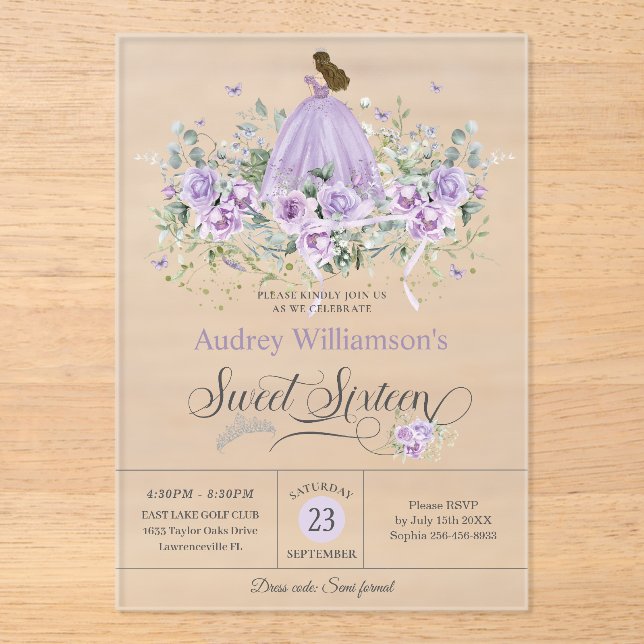 Purple Lilac Floral Sweet Sixteen 16th Birthday Acrylic Invitations (Front)