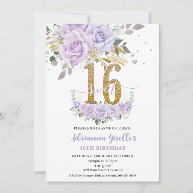 Purple Lilac Floral Sweet Sixteen 16th Birthday Invitation (Front)