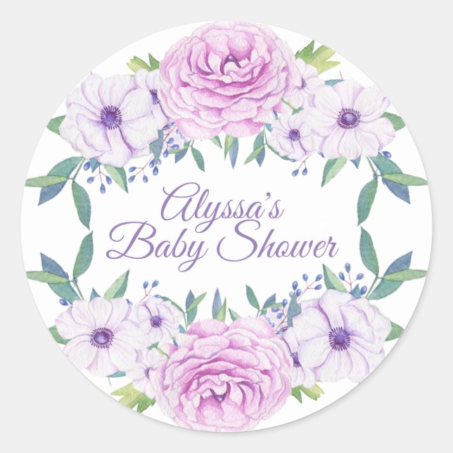 Purple Lilac Floral White Baby Shower Sticker (Front)