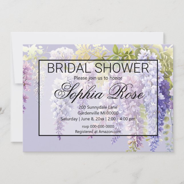 Purple lilac floral wisteria bridal shower invitation (Front)