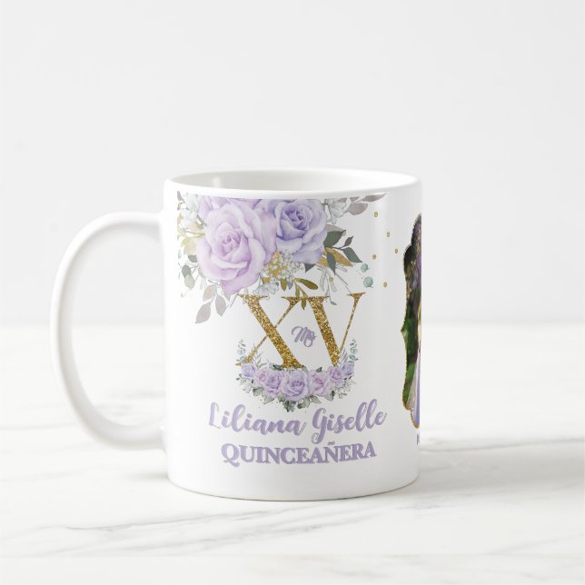 Purple Lilac Floral XV QUINCEAÑERA Quince 15 Photo Coffee Mug (Left)