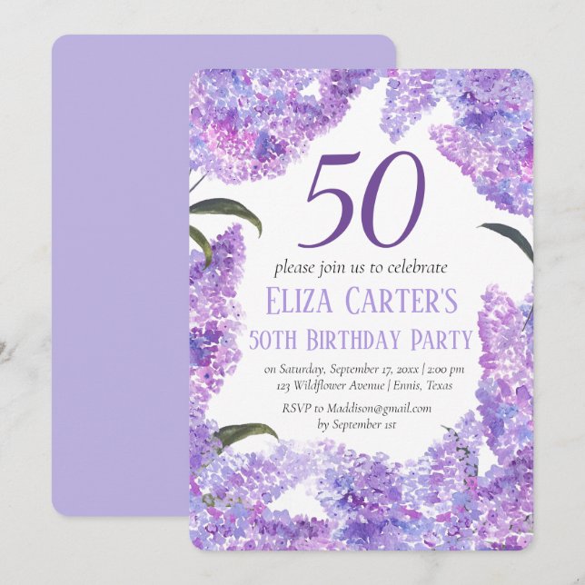 Purple Lilac Flowers 50th Birthday Wildflower Invitation (Front/Back)