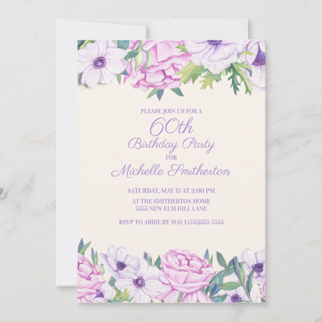 Purple Lilac Flowers 60th Birthday Party Invitation (Front)