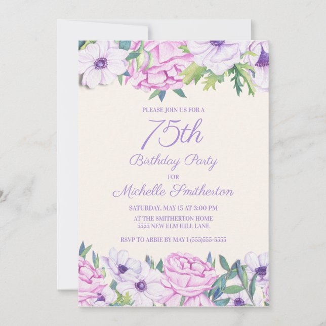 Purple Lilac Flowers 75th Birthday Party Invitation (Front)