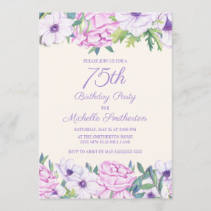Purple Lilac Flowers 75th Birthday Party Invitation