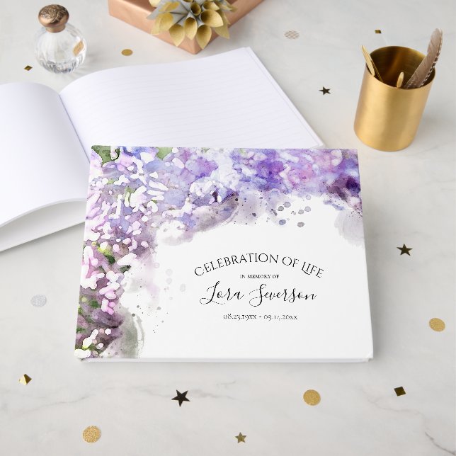 Purple Lilac Flowers Celebration of Life Memorial Guest Book (Front Open)