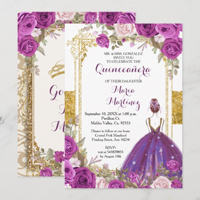 Purple Lilac Flowers Gold Quinceanera Invitation (Front/Back)