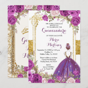 Purple Lilac Flowers Gold Quinceanera Invitation