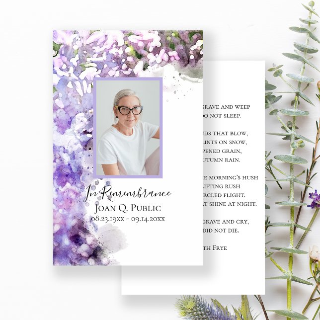Purple Lilac Flowers Watercolor Funeral Prayer Business Card (Creator Uploaded)