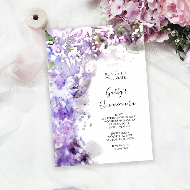Purple Lilac Flowers Watercolor Quinceanera Party Invitation (Creator Uploaded)