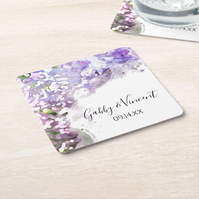 Purple Lilac Flowers Watercolor Wedding Square Paper Coaster (Angled)