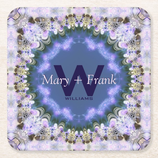 Purple Lilac Fractal Lace Monogram Paper Coasters (Front)