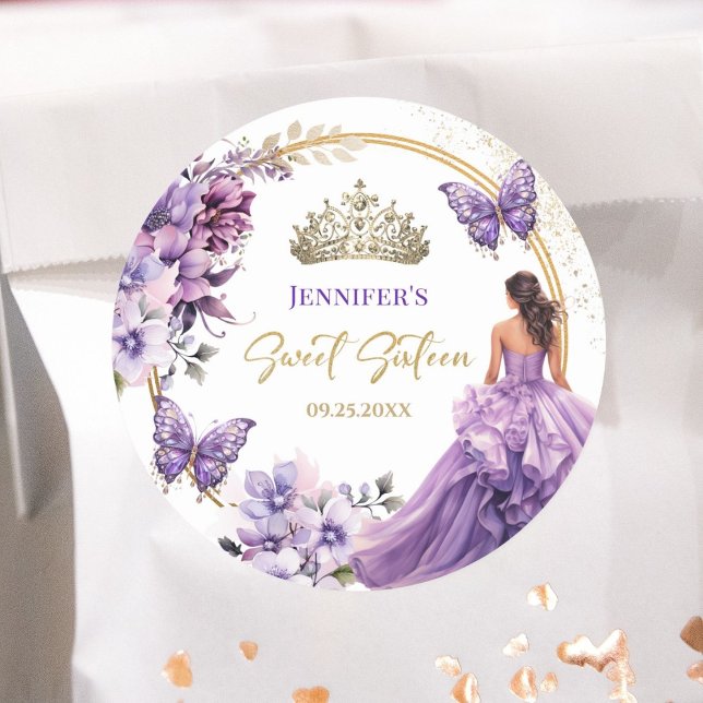 Purple Lilac Girl Princess Tiara Floral Sweet 16 Classic Round Sticker (Creator Uploaded)