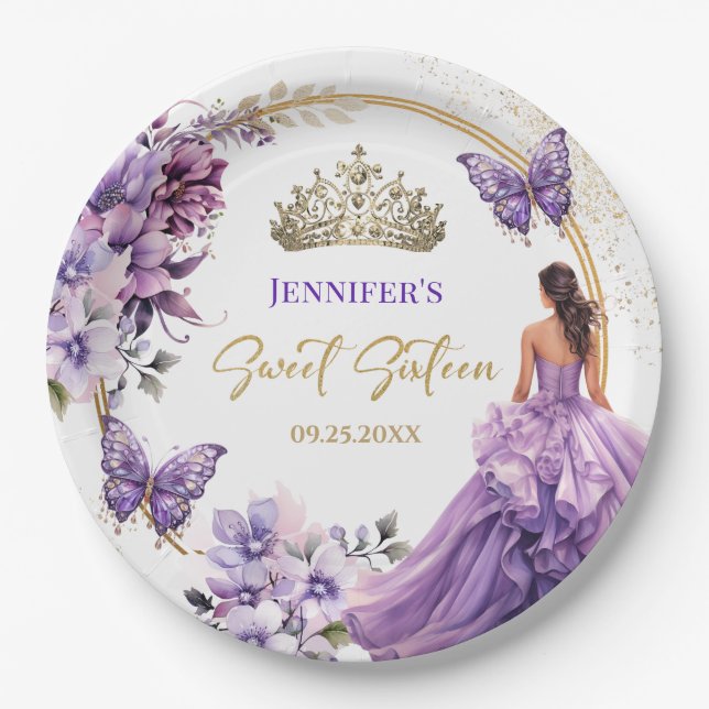 Purple Lilac Girl Princess Tiara Floral Sweet 16 Paper Plate (Front)