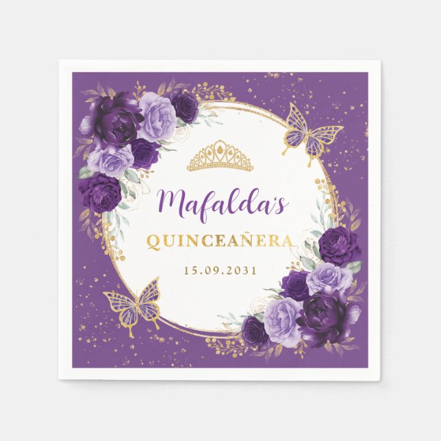 Purple Lilac Gold Flowers Quinceanera Birthday Napkin (Front)