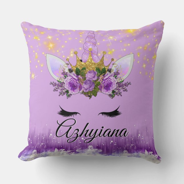 Purple|Lilac & Gold Glitter |Floral Crown Unicorn Cushion (Front)