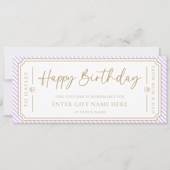 Purple Lilac Happy Birthday Gift Voucher Card (Front)