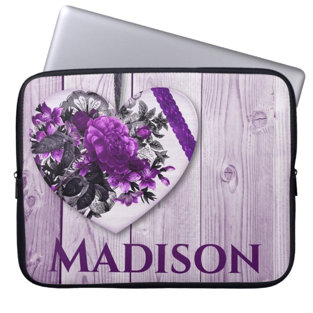 Purple Lilac Heart and Flowers with Custom Name Laptop Sleeve (Front)