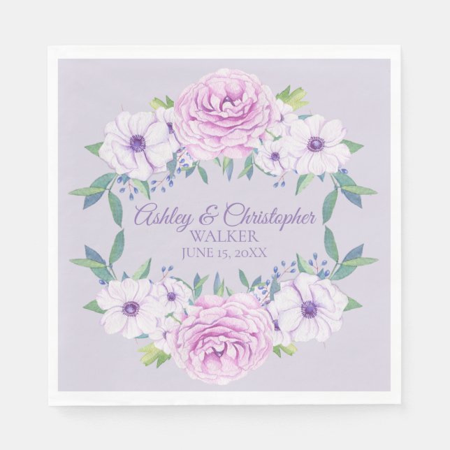 Purple Lilac Lavender Floral Personalised Wedding Napkin (Front)