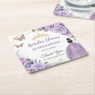 Purple Lilac Lavender Floral Quinceañera Princess  Square Paper Coaster