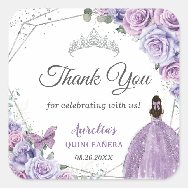 Purple Lilac Lavender Floral Quinceañera Princess Square Sticker (Front)