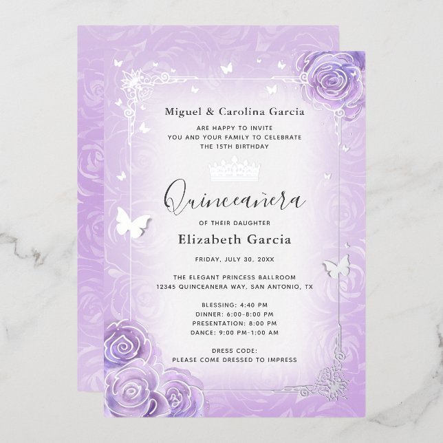 Purple Lilac Lavender Floral Quinceañera Silver (Front/Back)