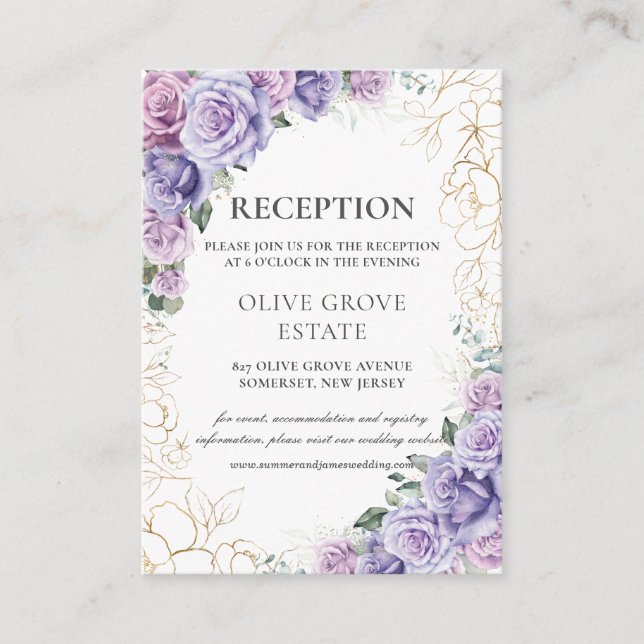 Purple Lilac Lavender Floral Wedding Reception Enclosure Card (Front)