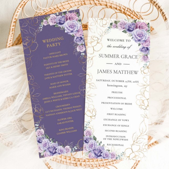 Purple Lilac Lavender Line Art Floral Wedding  Programme (Creator Uploaded)
