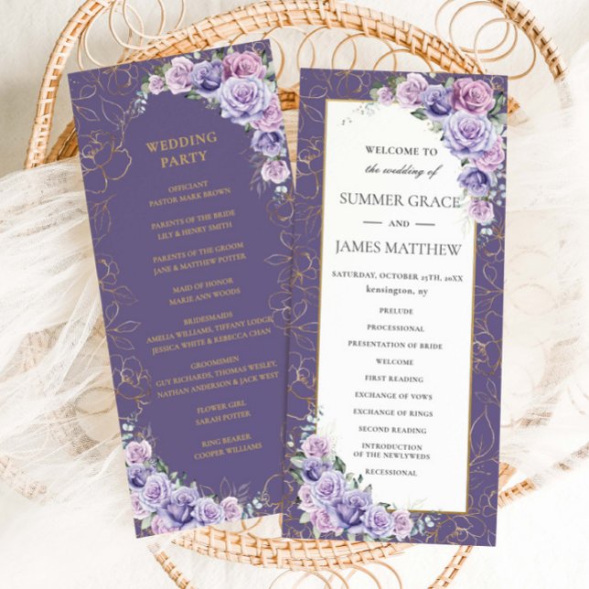 Purple Lilac Lavender Line Art Floral Wedding  Programme (Creator Uploaded)