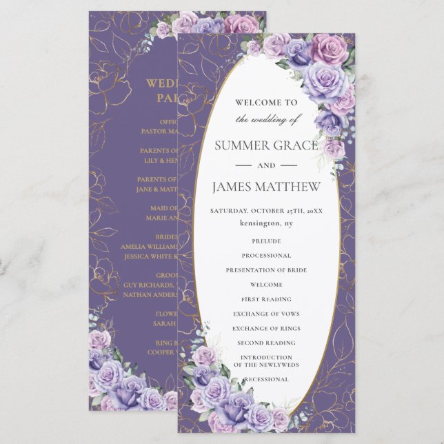Purple Lilac Lavender Line Art Floral Wedding  Programme (Front/Back)