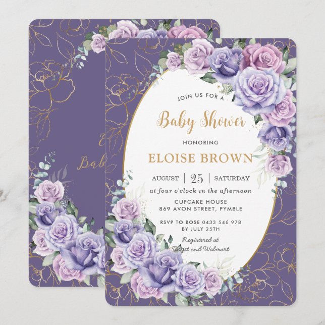 Purple Lilac Lavender Roses Floral Baby Shower  Invitation (Front/Back)