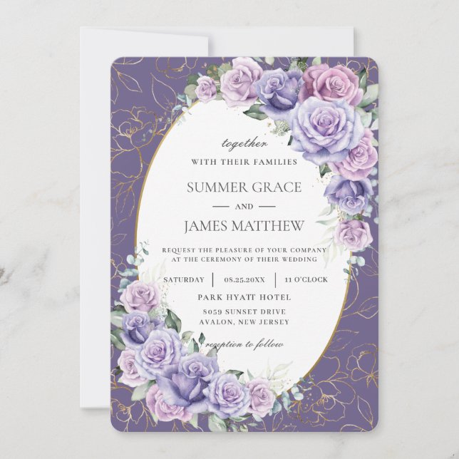 Purple Lilac Lavender Roses Floral Gold Wedding  Invitation (Front)