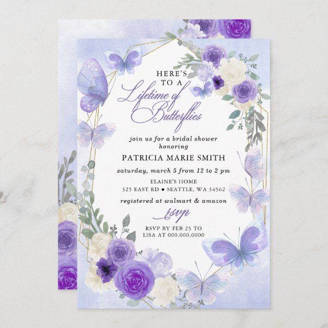 Purple Lilac Lifetime of Butterflies Bridal Shower Invitation (Front/Back)
