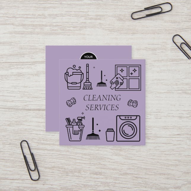 Purple Lilac Logo Cleaning Services Commercial Square Business Card (Front/Back In Situ)