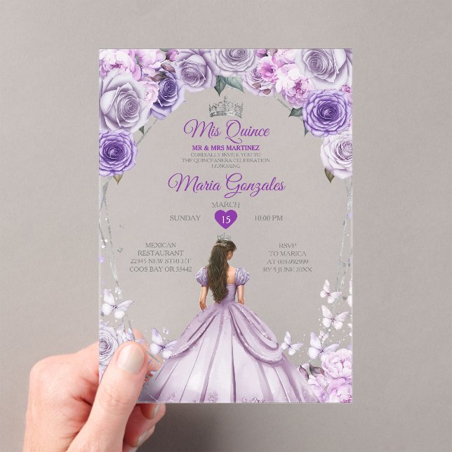 Purple Lilac Mis Quince 15 Anos Crown Quinceañera Acrylic Invitations (Insitu (Handheld))