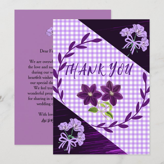 Purple Lilac Modern Boho Trendy Wedding Thank You Card (Front/Back)