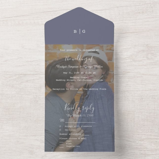 purple lilac monogram photo wedding all in one invitation (Inside)